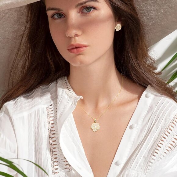 Gold Plated Rose Jewelry Set for Women Floral Necklace and Hoop Earrings - Picture 3 of 6